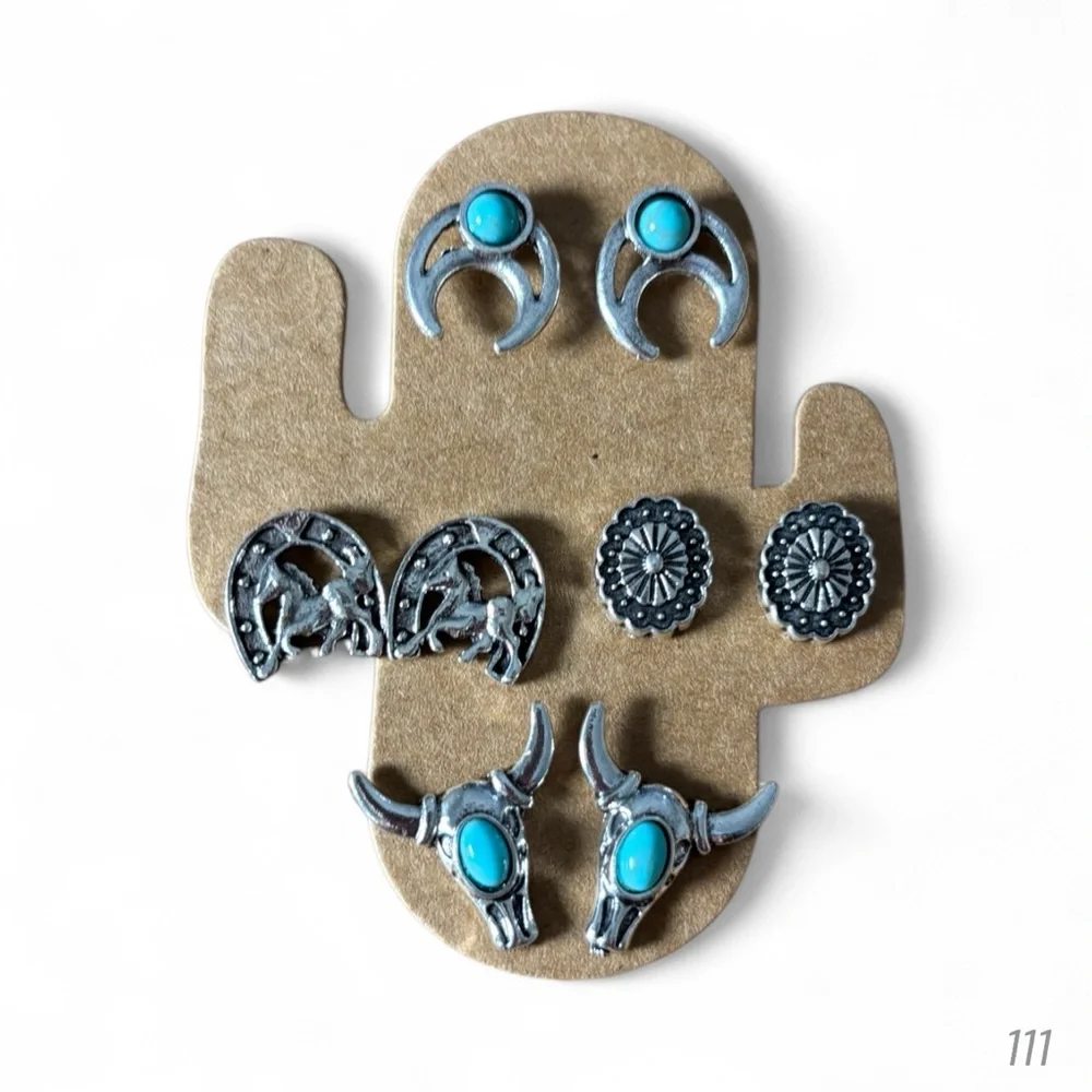 Bohemain Turquoise and Silver Western Flair Bull Skull Earrings Set